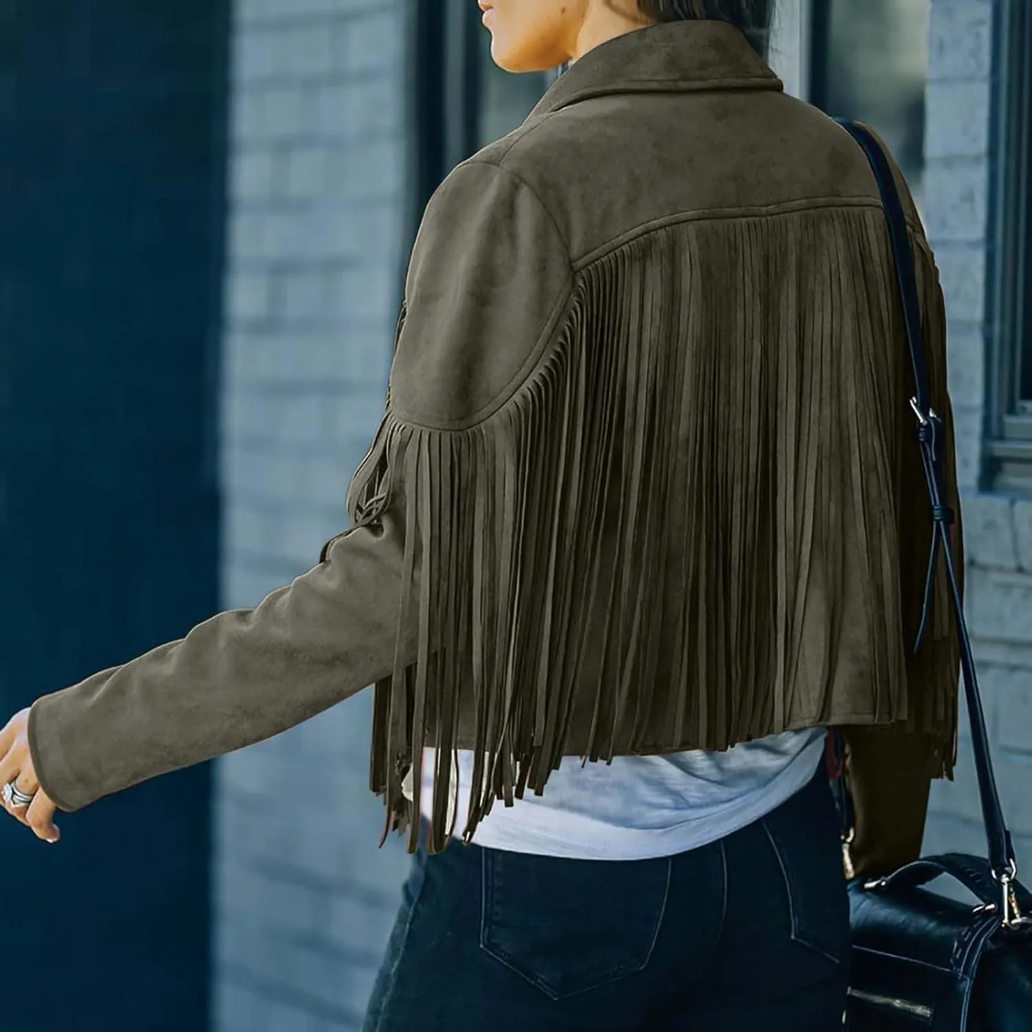 BOXIACEY Fringe Jacket Women Faux Suede Leather Tassel Jackets Solid Motorcycle Open Front Coat Fall Fashion 2025 Outerwear