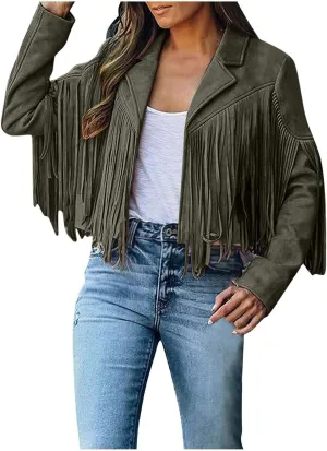 BOXIACEY Fringe Jacket Women Faux Suede Leather Tassel Jackets Solid Motorcycle Open Front Coat Fall Fashion 2025 Outerwear