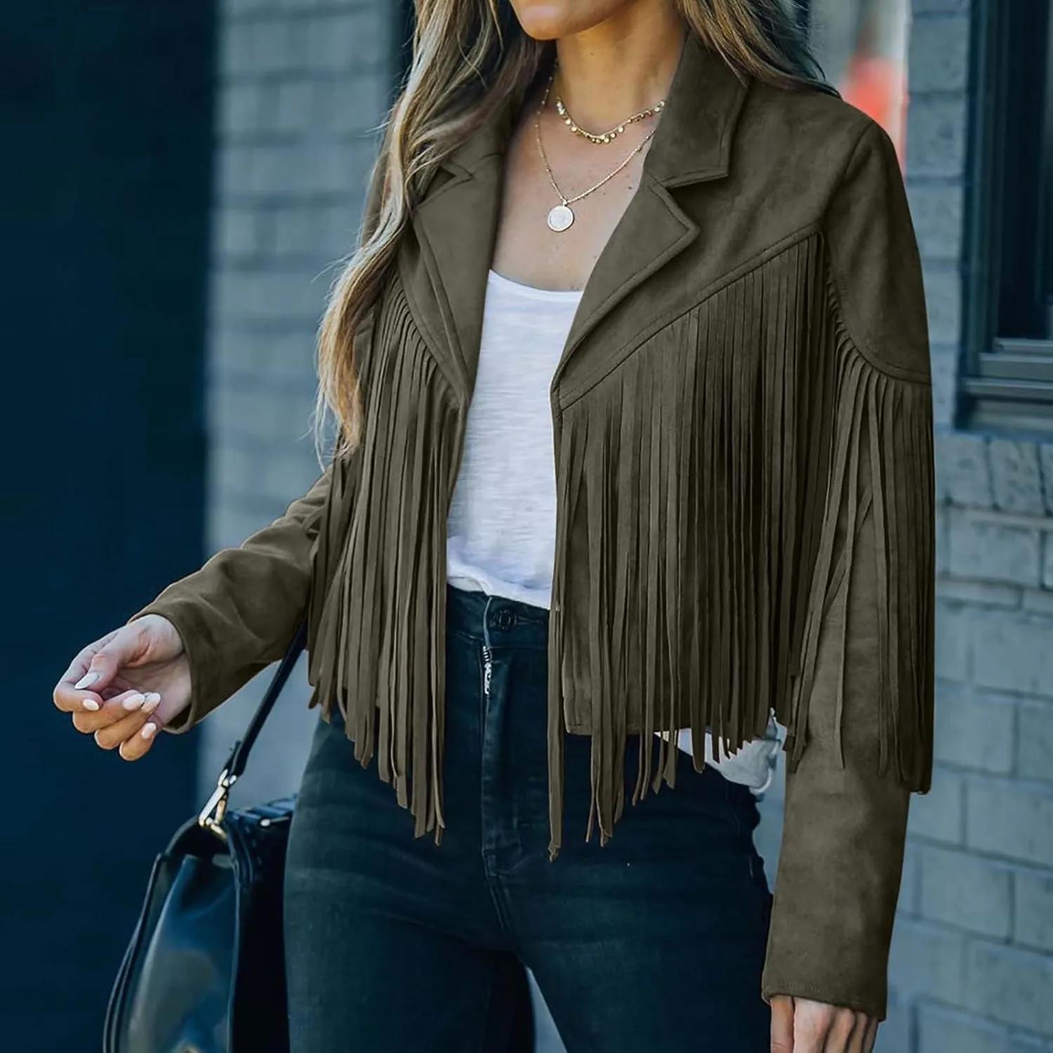 BOXIACEY Fringe Jacket Women Faux Suede Leather Tassel Jackets Solid Motorcycle Open Front Coat Fall Fashion 2025 Outerwear