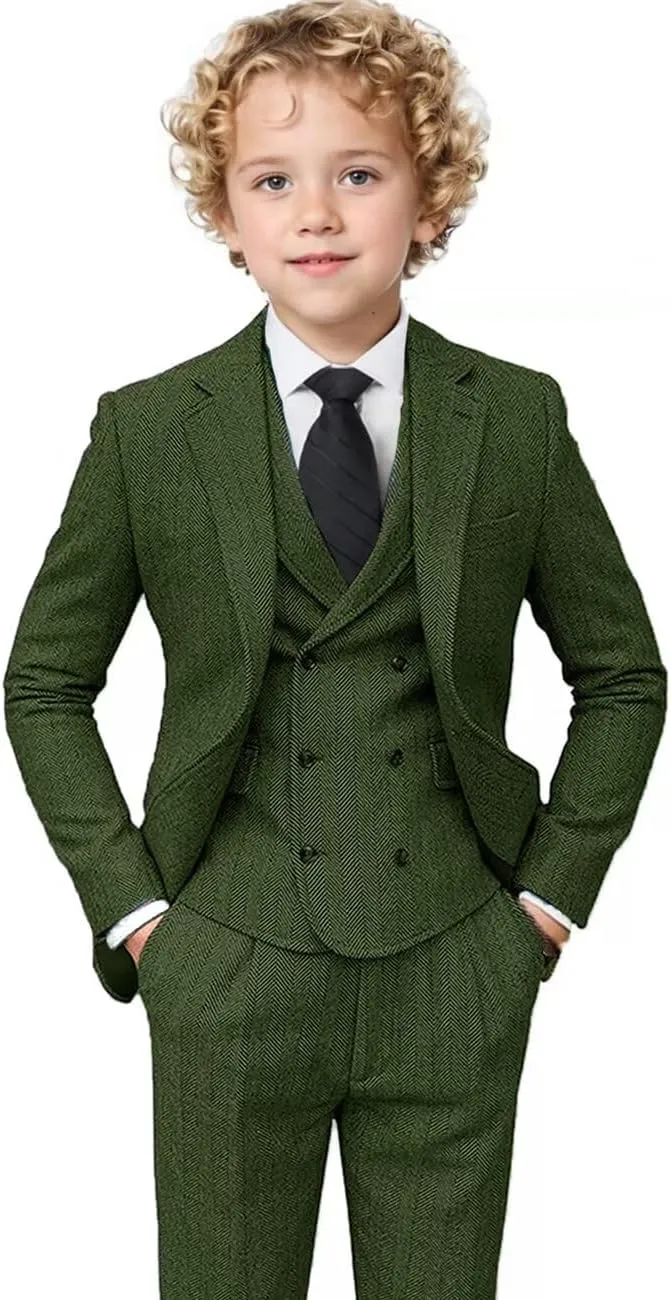 Boys Tweed Suit 3 Piece Tuxedo Suit for Boys Two Button Suits Jackets Vest Pants Set for Kid