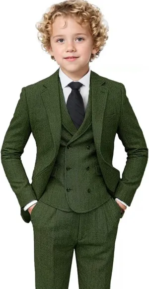 Boys Tweed Suit 3 Piece Tuxedo Suit for Boys Two Button Suits Jackets Vest Pants Set for Kid