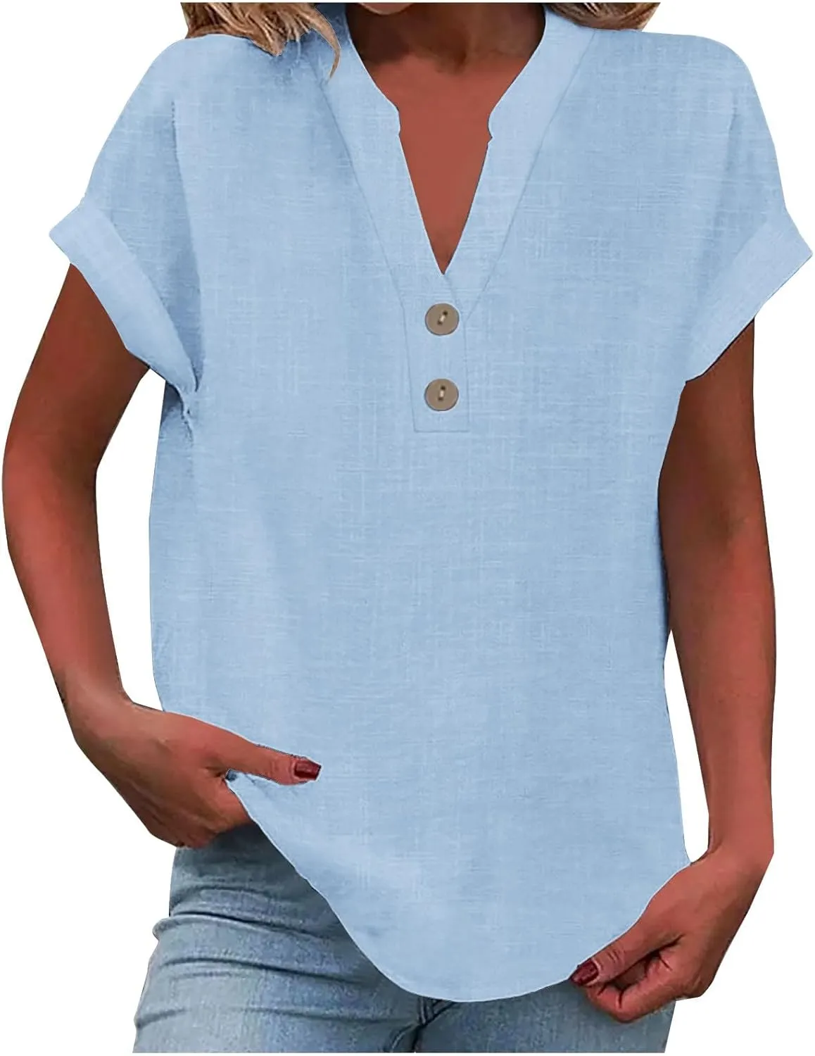 Button Down V Neck Shirts for Women Short Sleeve Solid Color Shirts Dressy Casual Tops Slim Fitting Tops Blouse