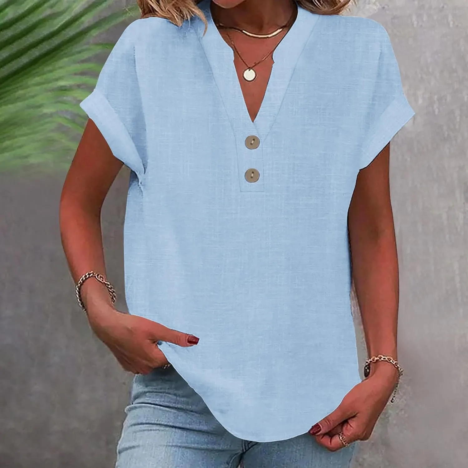Button Down V Neck Shirts for Women Short Sleeve Solid Color Shirts Dressy Casual Tops Slim Fitting Tops Blouse
