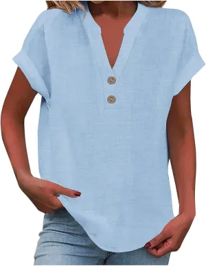 Button Down V Neck Shirts for Women Short Sleeve Solid Color Shirts Dressy Casual Tops Slim Fitting Tops Blouse