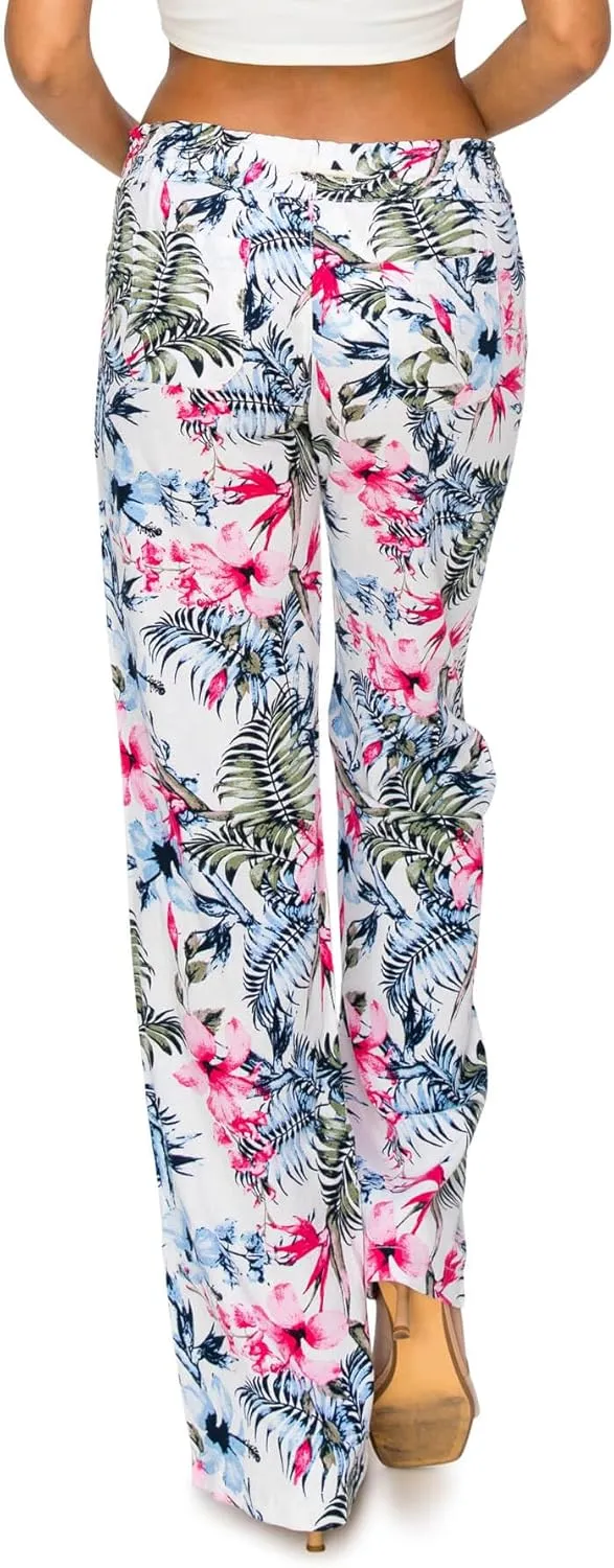 Cali1850 Women's Print Linen Pants - 32" Inseam Oceanside Drawstring Smocked Waist Casual Lounge Beach Trousers with Pockets