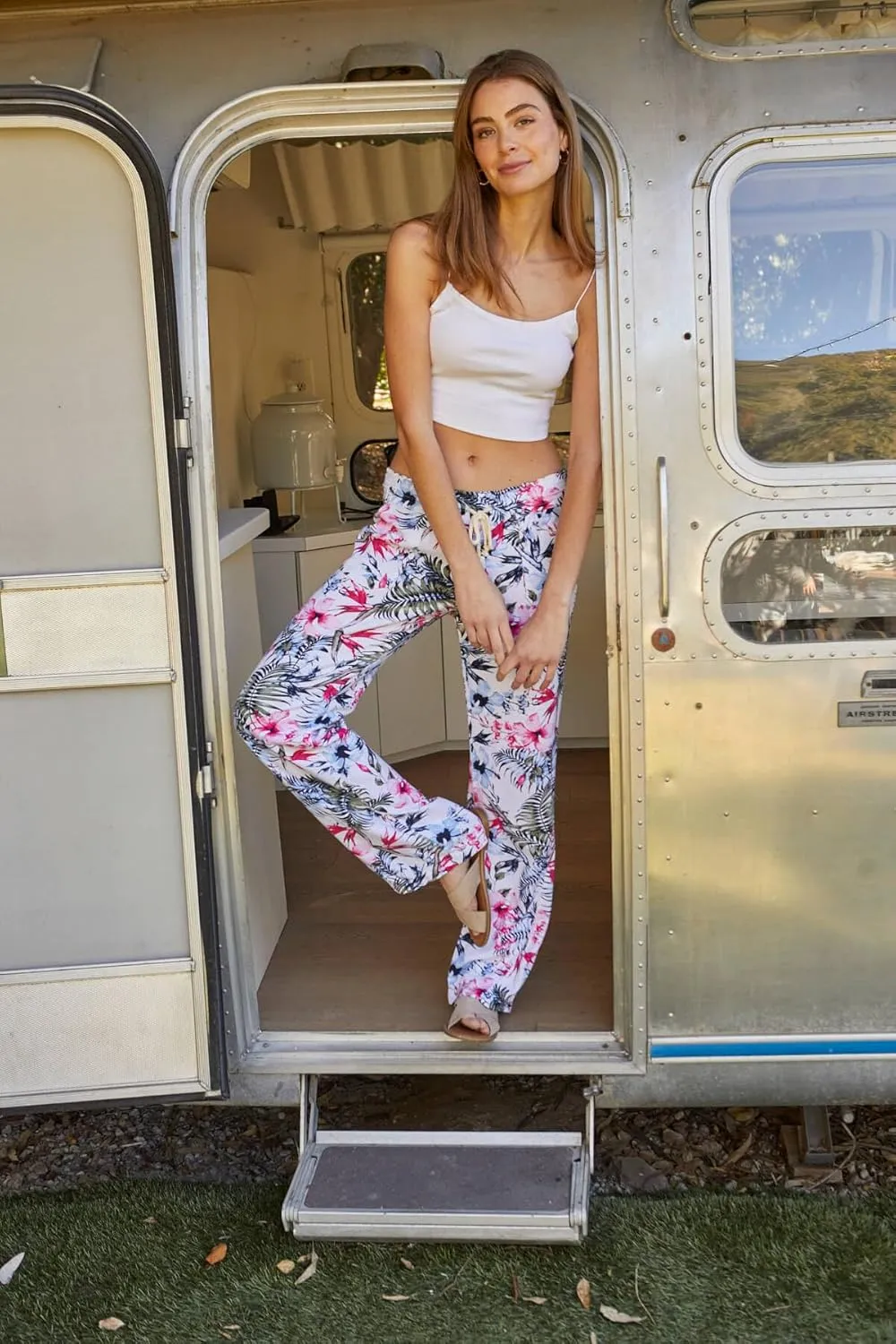 Cali1850 Women's Print Linen Pants - 32" Inseam Oceanside Drawstring Smocked Waist Casual Lounge Beach Trousers with Pockets
