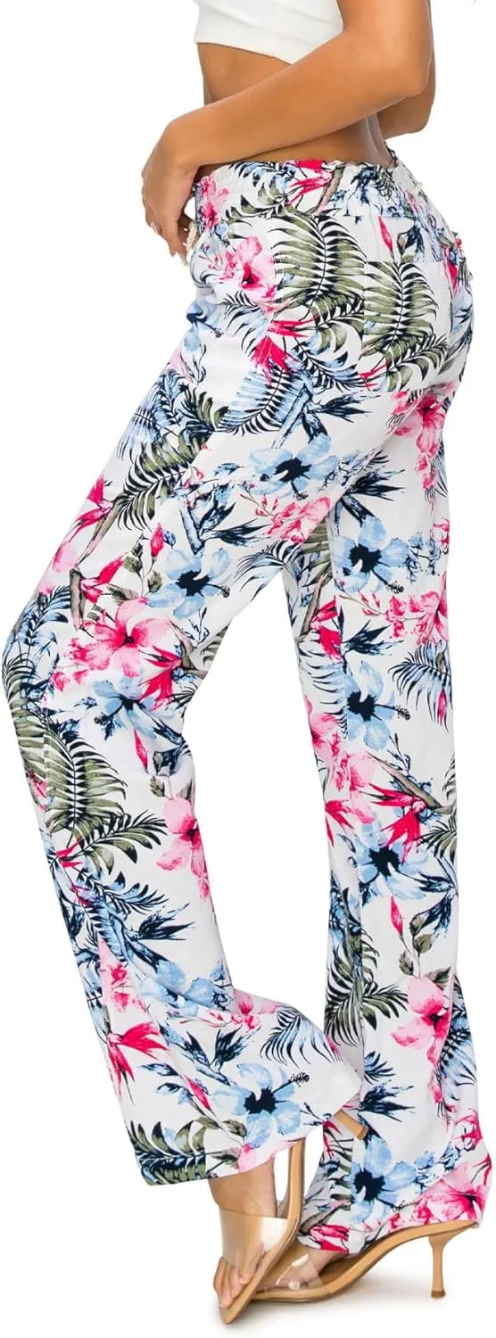 Cali1850 Women's Print Linen Pants - 32" Inseam Oceanside Drawstring Smocked Waist Casual Lounge Beach Trousers with Pockets