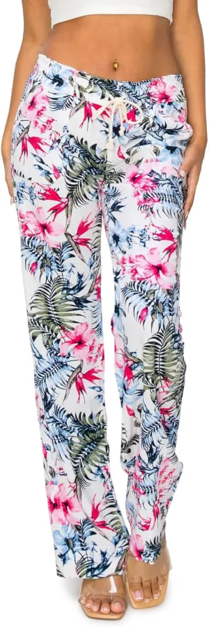Cali1850 Women's Print Linen Pants - 32" Inseam Oceanside Drawstring Smocked Waist Casual Lounge Beach Trousers with Pockets