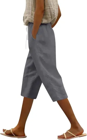 Capri Pants for Women Drawstring Cargo Petite Short Womens Capris Summer Loose Pants Stretch Linen Cotton