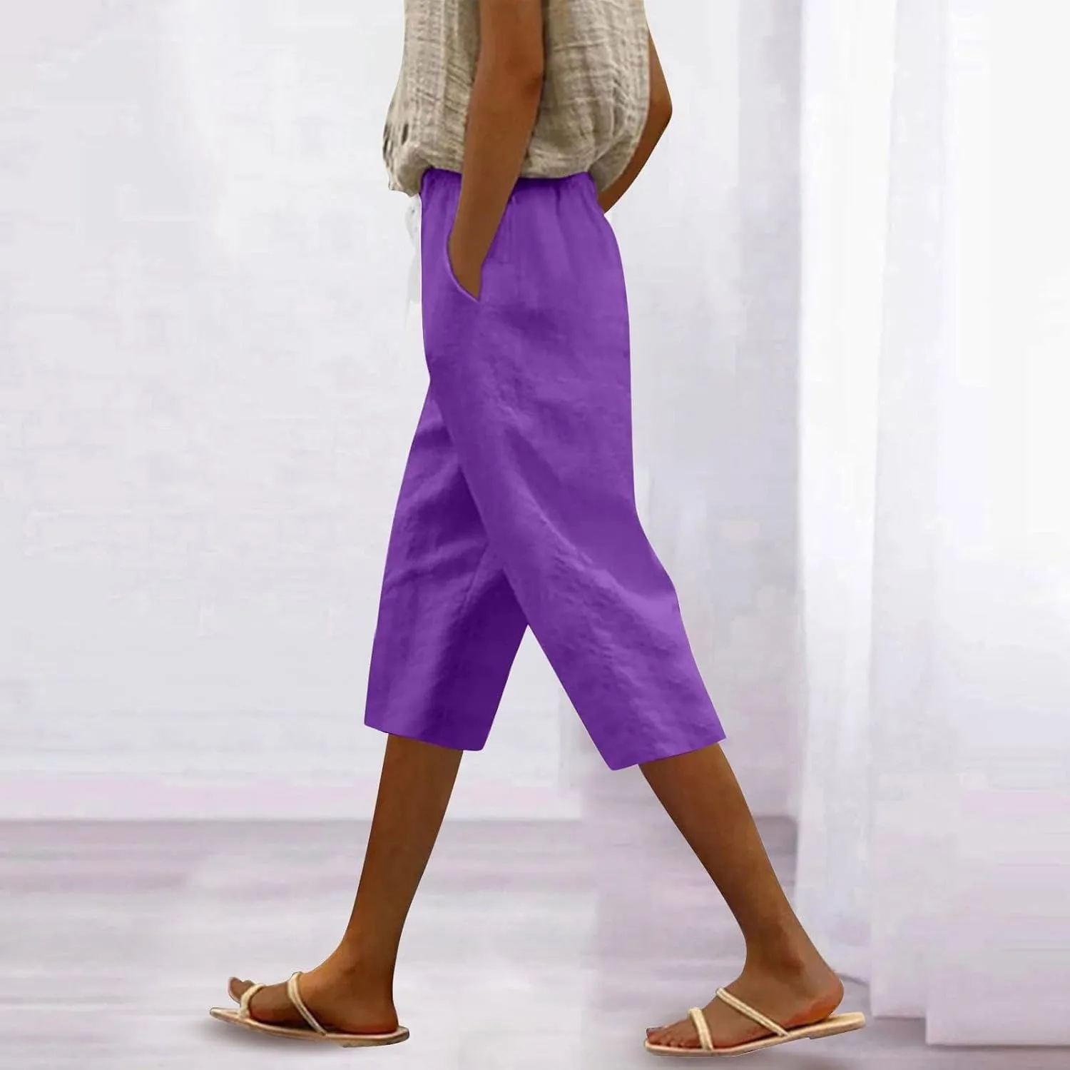 Capri Pants for Women Drawstring Cargo Petite Short Womens Capris Summer Loose Pants Stretch Linen Cotton