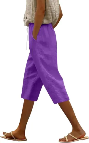 Capri Pants for Women Drawstring Cargo Petite Short Womens Capris Summer Loose Pants Stretch Linen Cotton