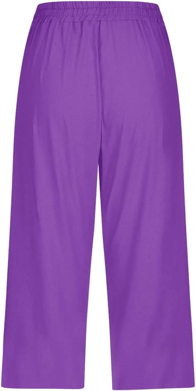 Capri Pants for Women Drawstring Cargo Petite Short Womens Capris Summer Loose Pants Stretch Linen Cotton