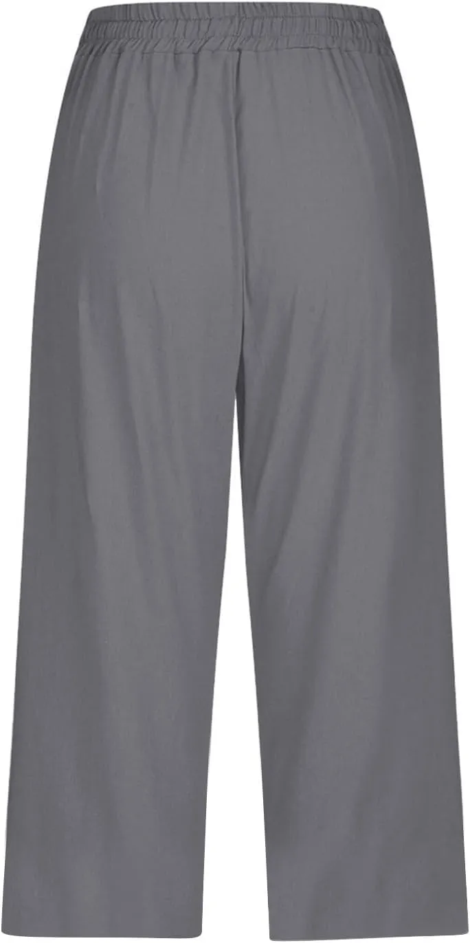 Capri Pants for Women Drawstring Cargo Petite Short Womens Capris Summer Loose Pants Stretch Linen Cotton