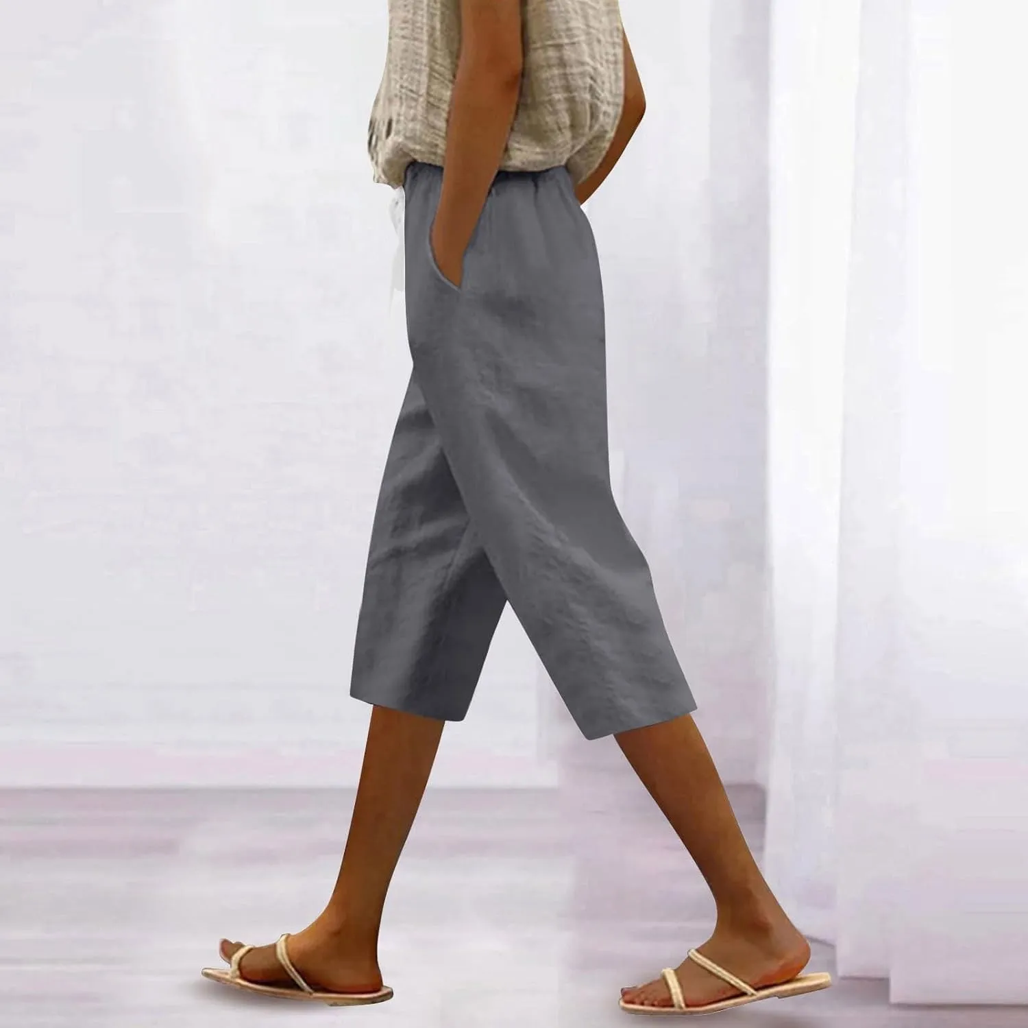 Capri Pants for Women Drawstring Cargo Petite Short Womens Capris Summer Loose Pants Stretch Linen Cotton