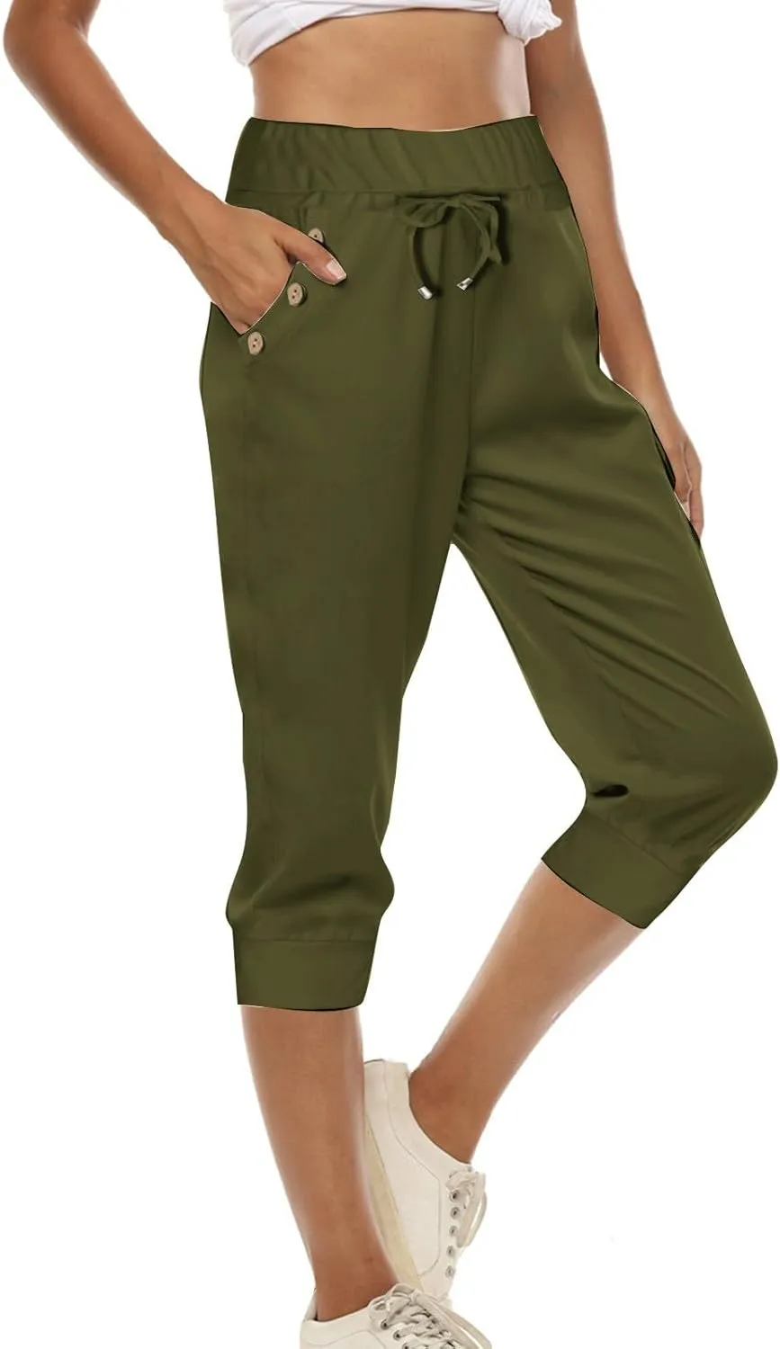 Capri Pants for Women High Waisted Drawstring Hiking Pants Stretch Lightweight Joggers Casual Cropped Trousers with Pockets