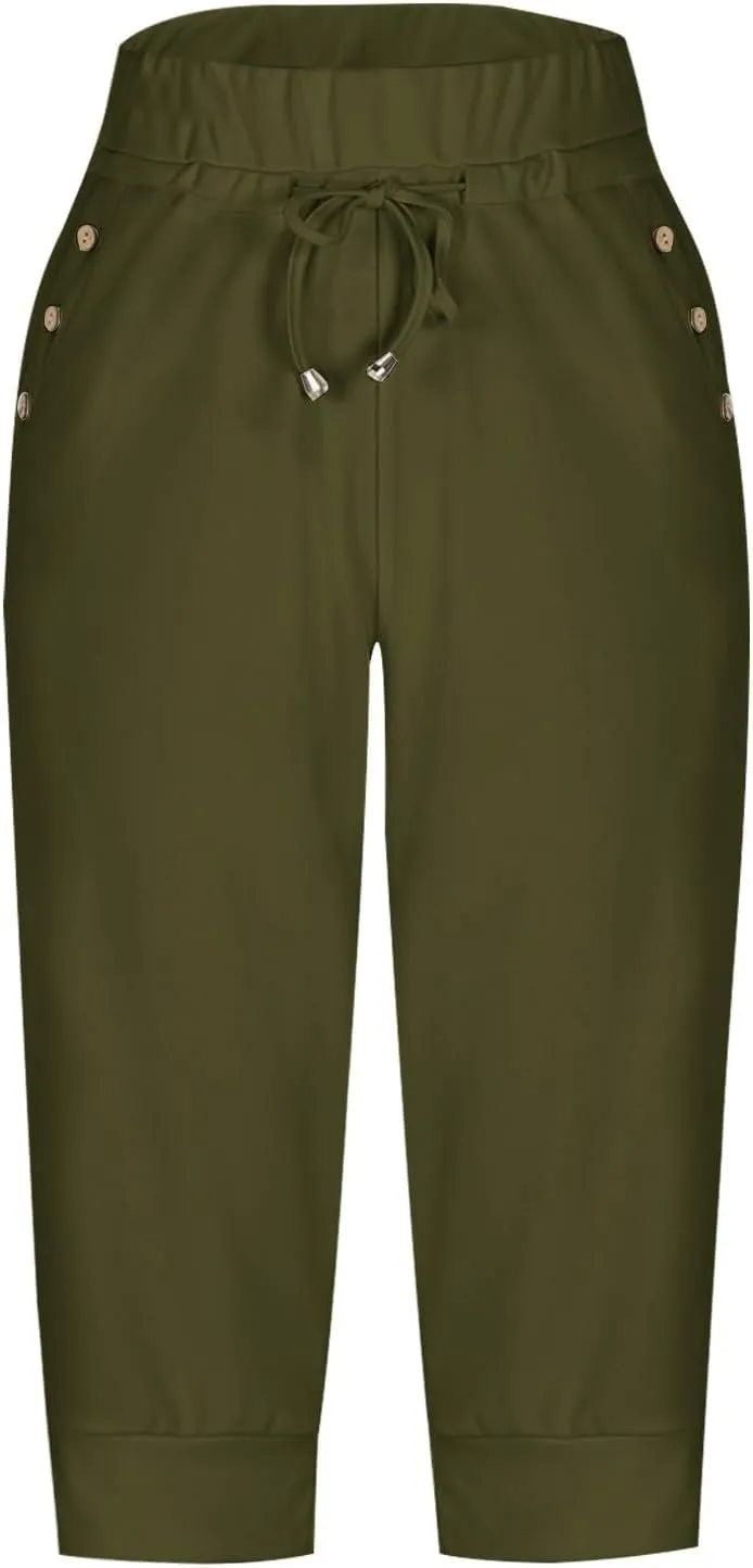 Capri Pants for Women High Waisted Drawstring Hiking Pants Stretch Lightweight Joggers Casual Cropped Trousers with Pockets