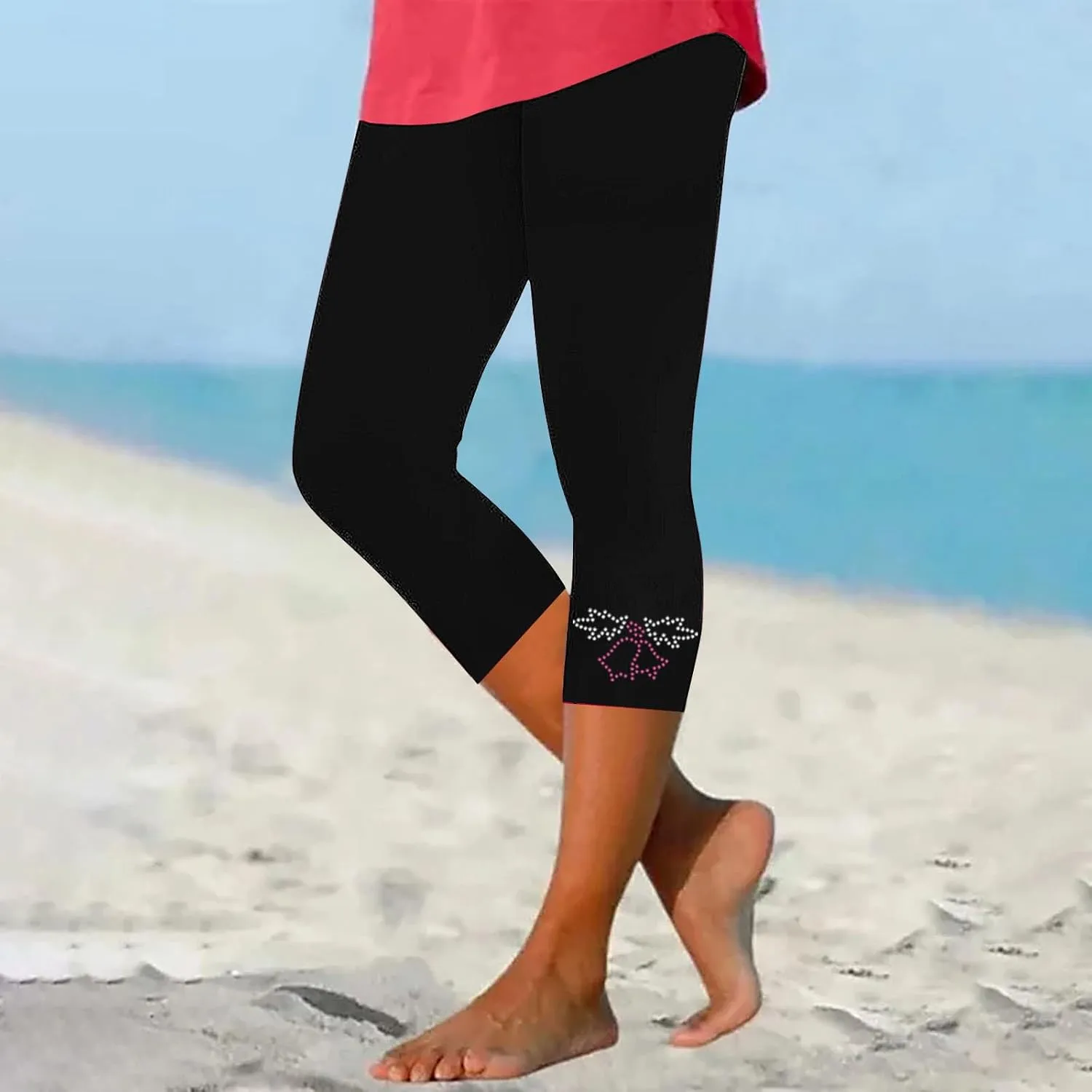 Capri Pants for Women Rhinestone Cropped Trousers Ladies 3/4 Length Leggings Summer Stretch Yoga Pant Bottoms