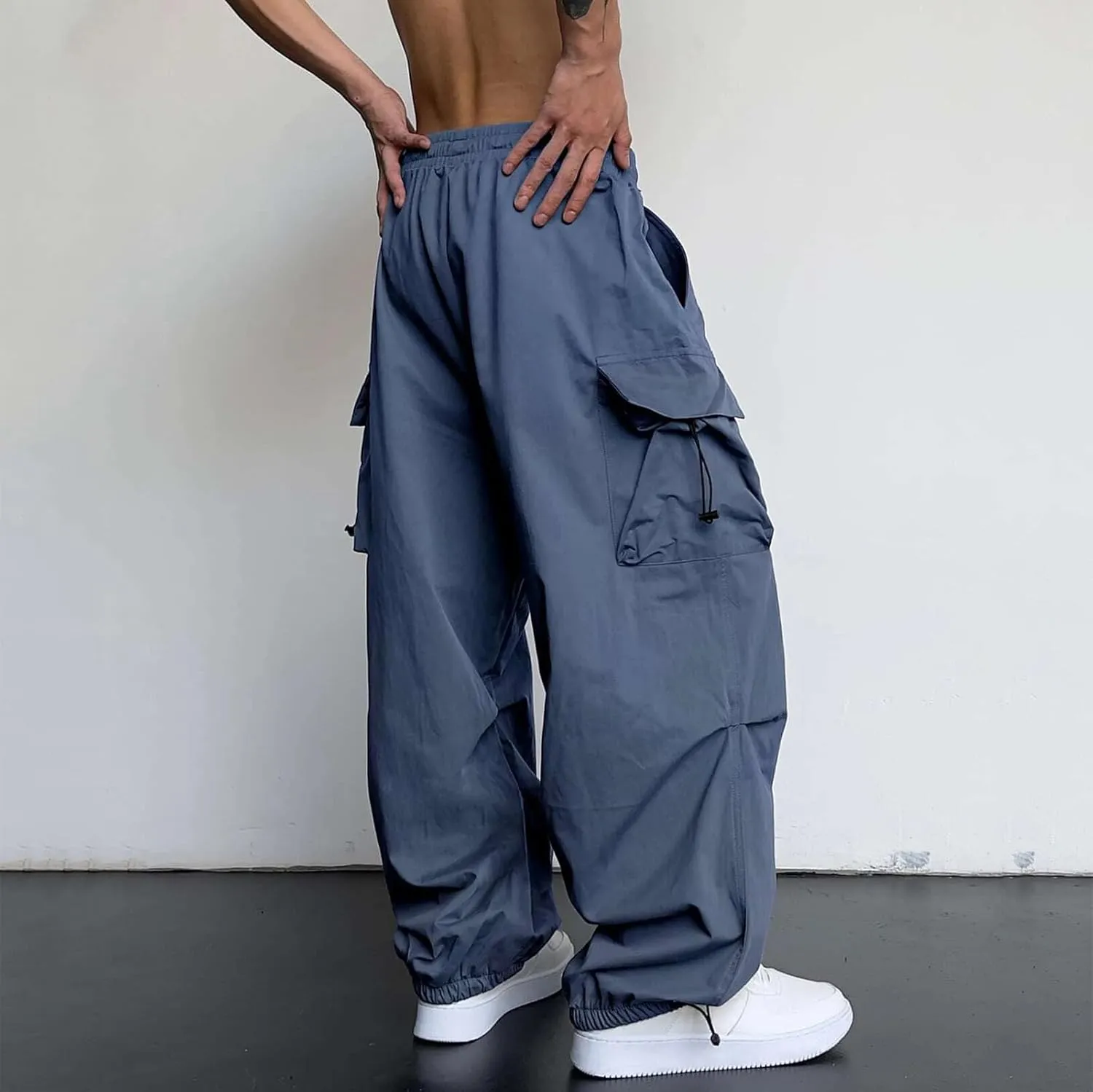 Cargo Pants for Men, Casual Solid Color Sports Multi Pocket Foot Rope Pants Street Fashion Tie Waist Sweatpants