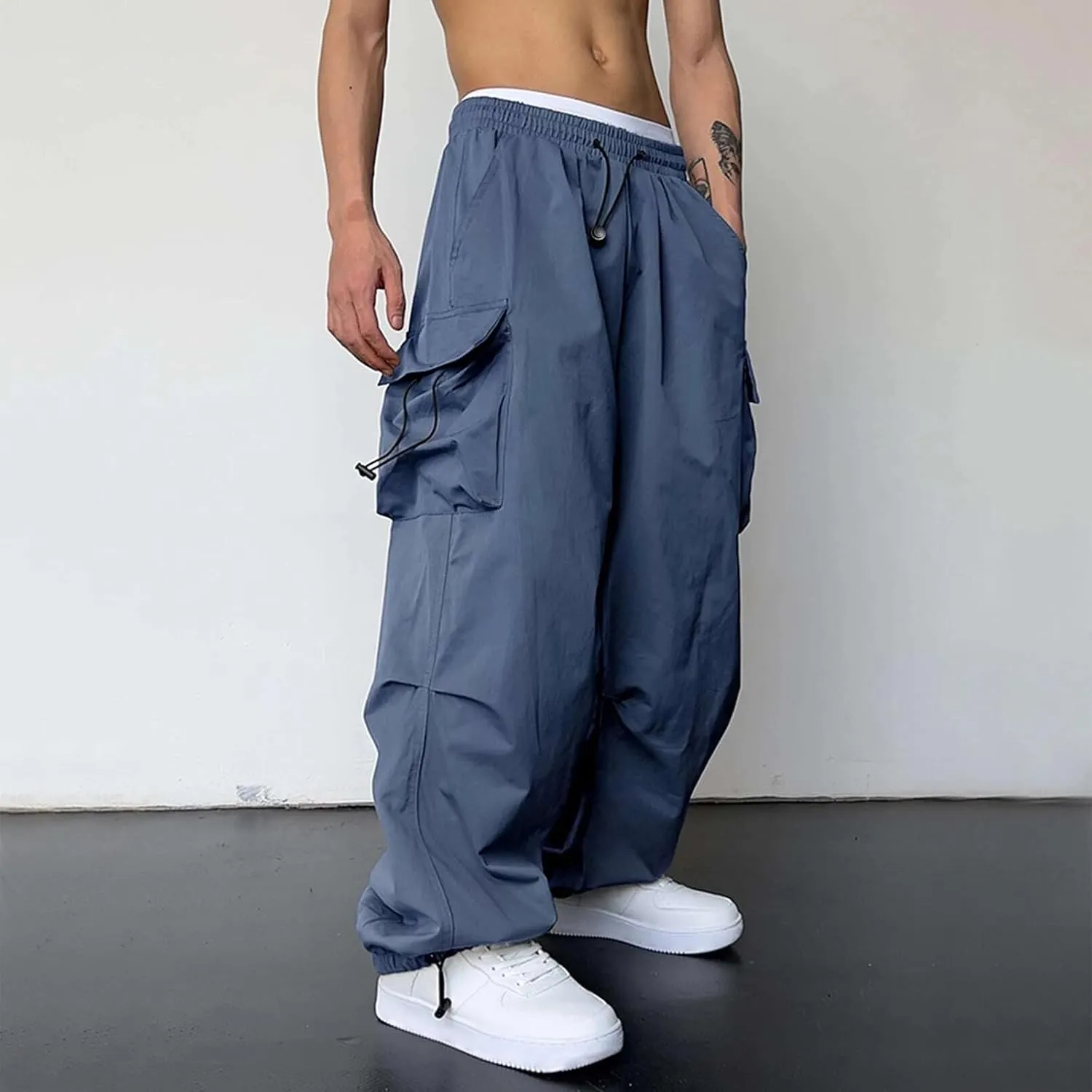 Cargo Pants for Men, Casual Solid Color Sports Multi Pocket Foot Rope Pants Street Fashion Tie Waist Sweatpants