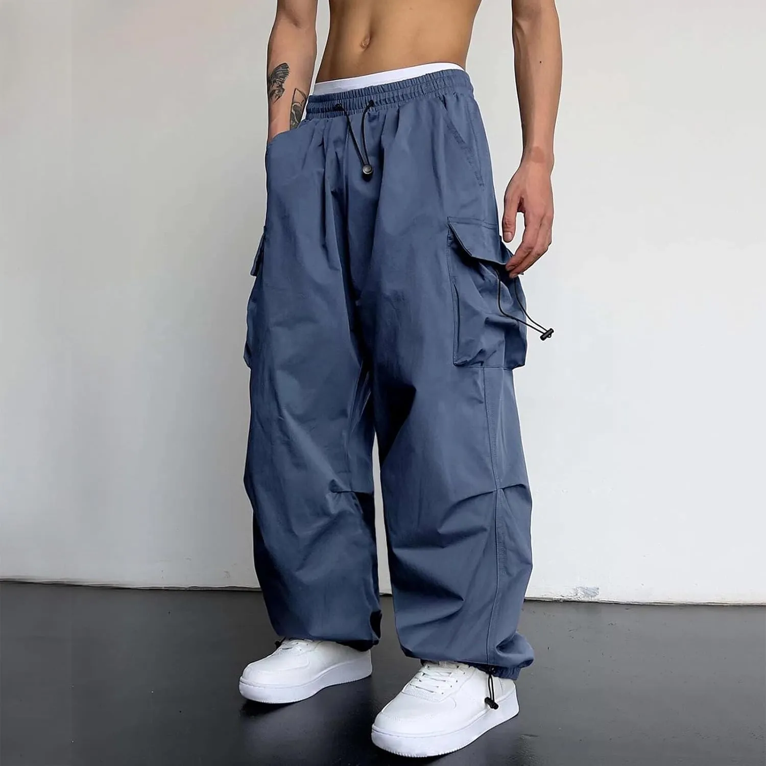 Cargo Pants for Men, Casual Solid Color Sports Multi Pocket Foot Rope Pants Street Fashion Tie Waist Sweatpants