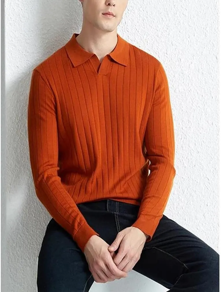 Casual Solid Long Sleeve Wool Sweater Knitwear Men's Turn-Down Collar Wool Sweater Shirts