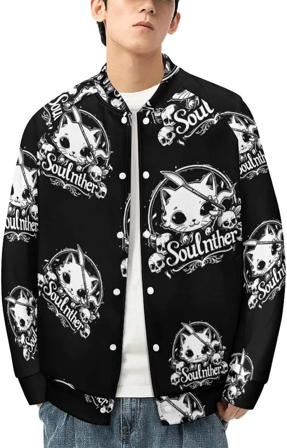 Cat Soul Killer Lightweight Men's Baseball Jackets Relaxed Fit Varsity Bomber Jacket Windbreaker Coat
