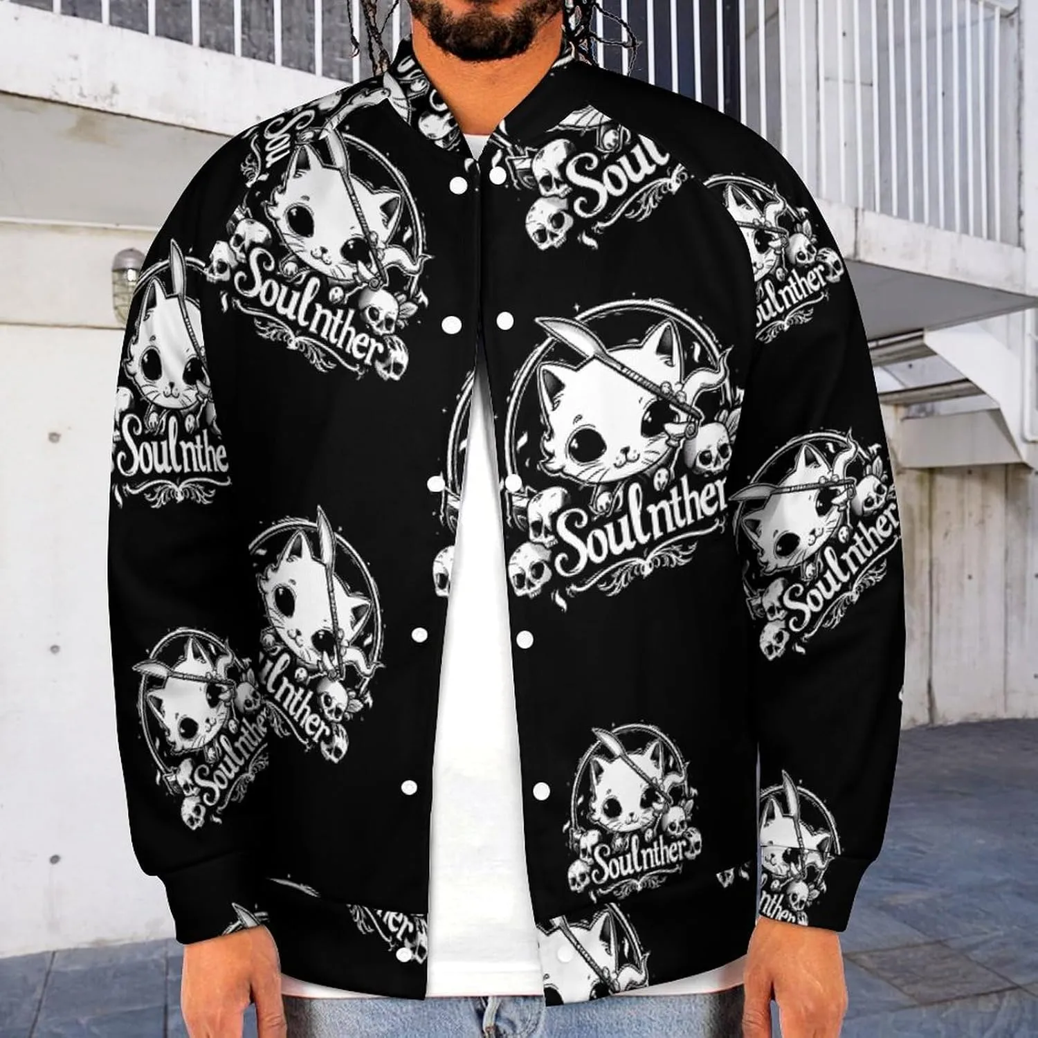 Cat Soul Killer Lightweight Men's Baseball Jackets Relaxed Fit Varsity Bomber Jacket Windbreaker Coat