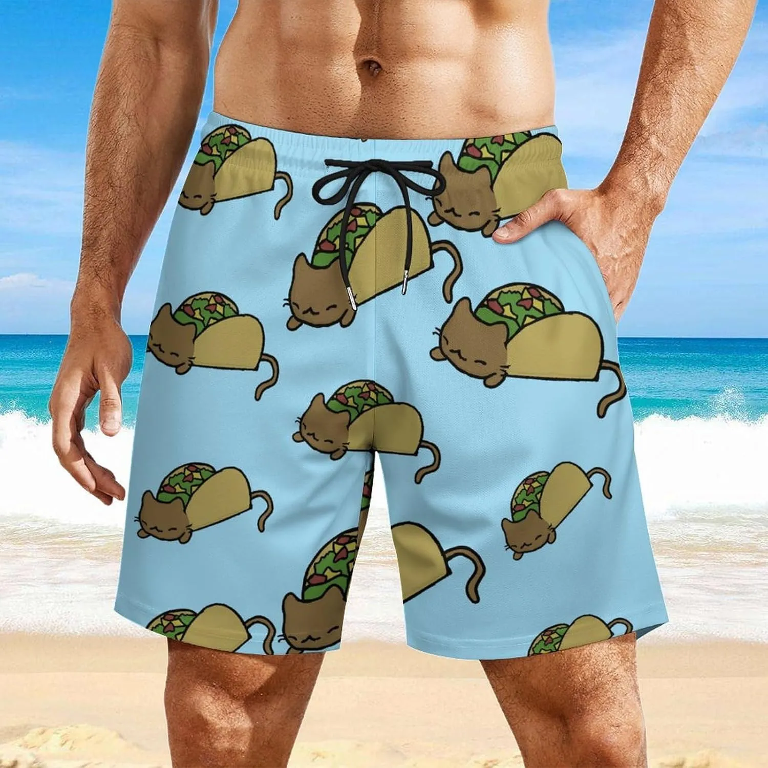 Cat Taco Quick Dry Mens Swim Trunks Swimming Beach Board Shorts with Pockets Workout Gym