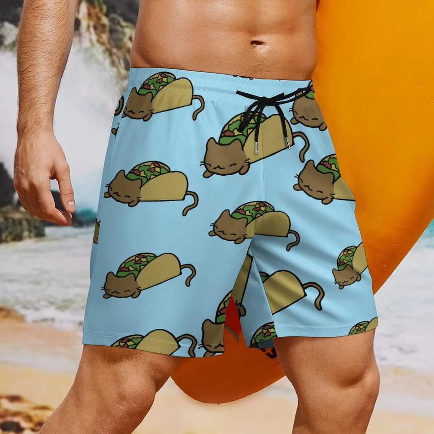 Cat Taco Quick Dry Mens Swim Trunks Swimming Beach Board Shorts with Pockets Workout Gym