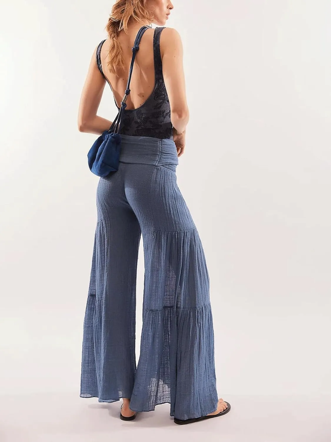 CHARTOU Women Elegant High Rise Pleated Pants Palazzo Flared Wide Leg Pants Smocked Waist Tie Cotton Trouser