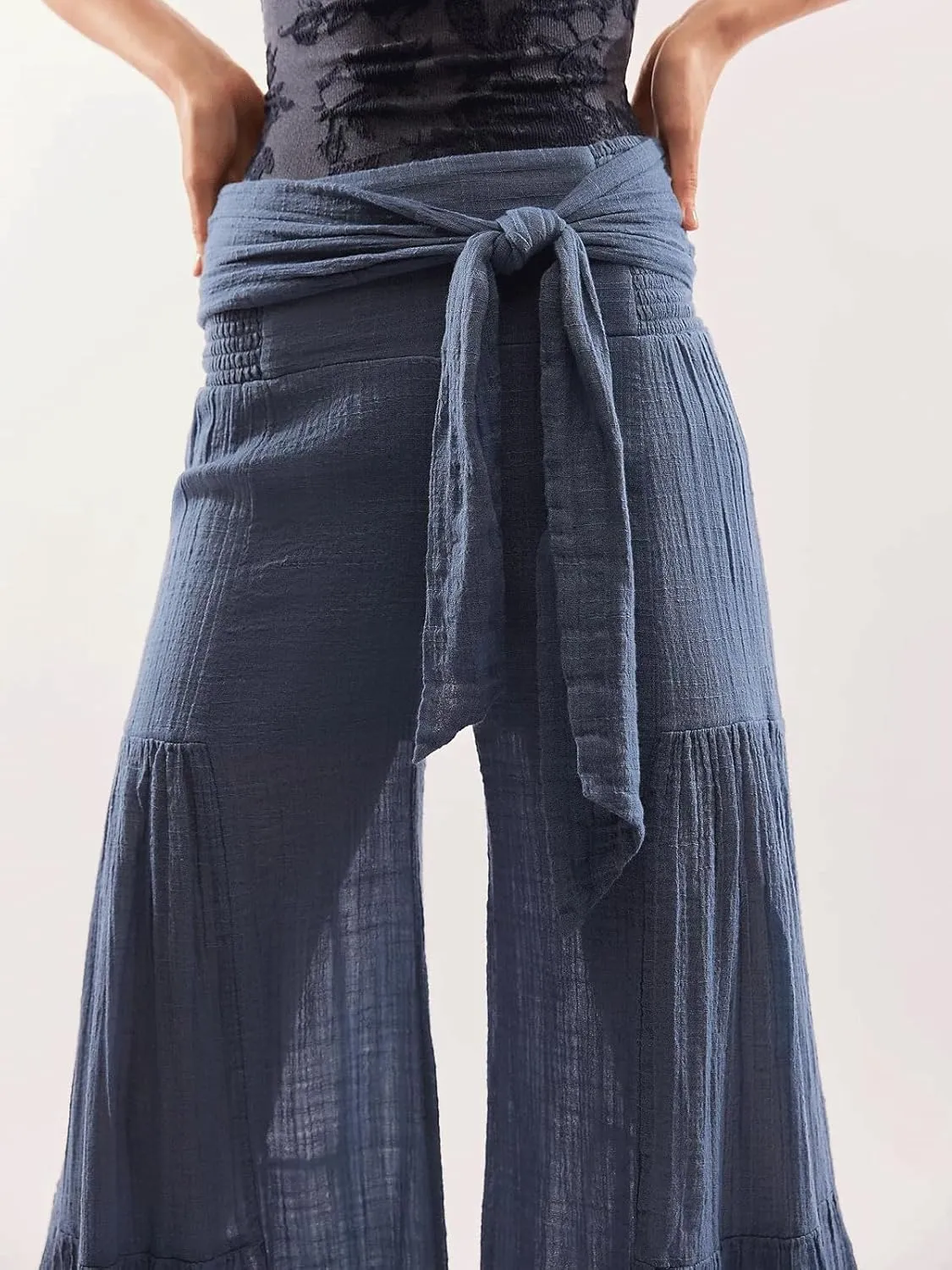 CHARTOU Women Elegant High Rise Pleated Pants Palazzo Flared Wide Leg Pants Smocked Waist Tie Cotton Trouser