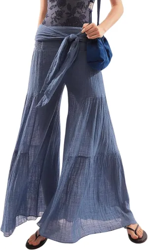 CHARTOU Women Elegant High Rise Pleated Pants Palazzo Flared Wide Leg Pants Smocked Waist Tie Cotton Trouser