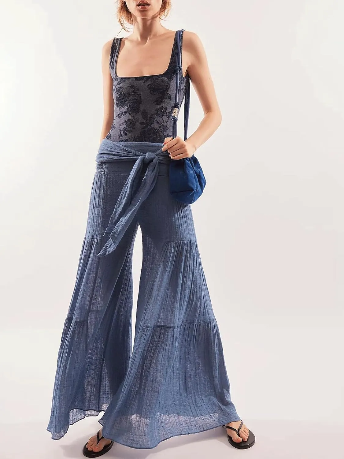 CHARTOU Women Elegant High Rise Pleated Pants Palazzo Flared Wide Leg Pants Smocked Waist Tie Cotton Trouser