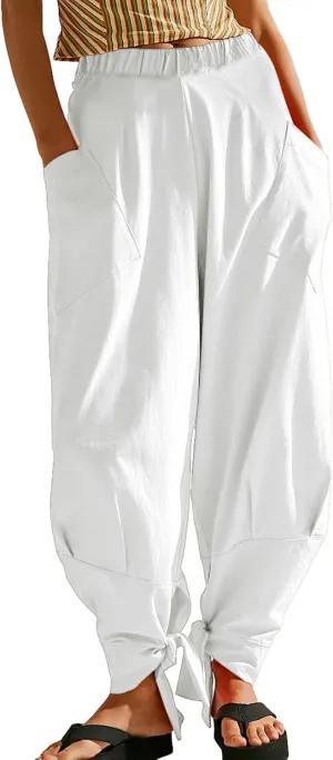 CHARTOU Women Tapered Wide Leg Lounge Pants Summer Harem Pants Elastic Waist Slacks Beach Baggy Pants Pockets