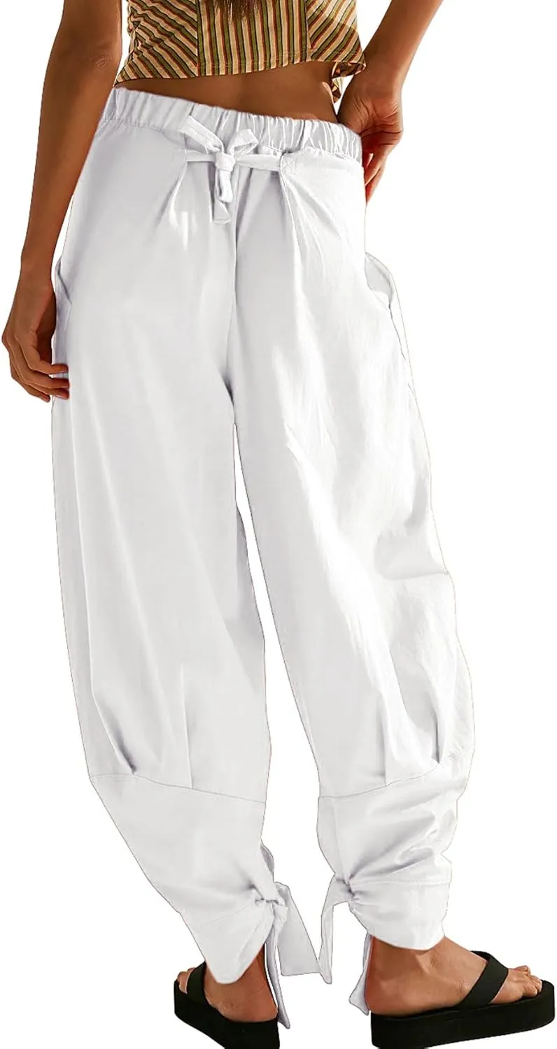 CHARTOU Women Tapered Wide Leg Lounge Pants Summer Harem Pants Elastic Waist Slacks Beach Baggy Pants Pockets