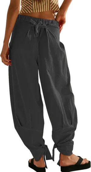 CHARTOU Women Tapered Wide Leg Lounge Pants Summer Harem Pants Elastic Waist Slacks Beach Baggy Pants Pockets