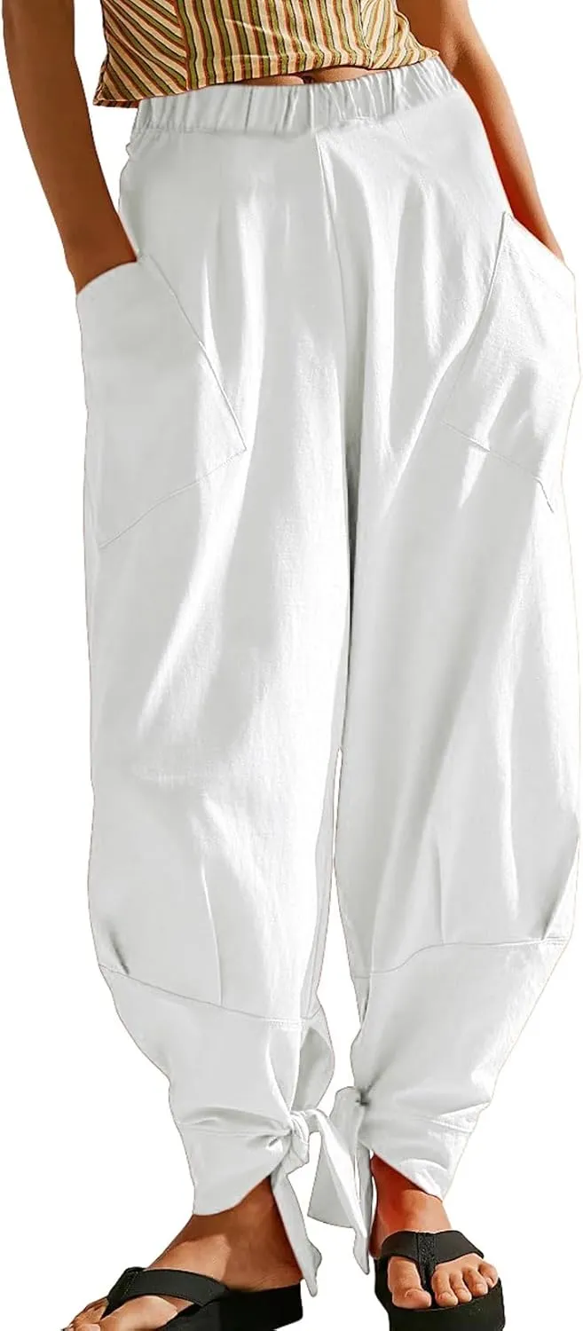 CHARTOU Women Tapered Wide Leg Lounge Pants Summer Harem Pants Elastic Waist Slacks Beach Baggy Pants Pockets