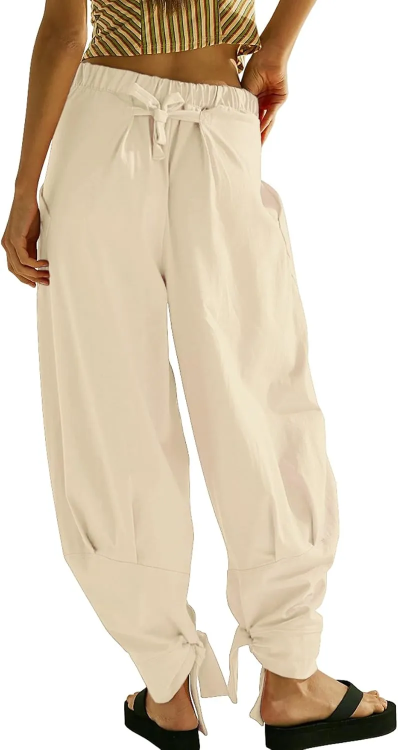 CHARTOU Women Tapered Wide Leg Lounge Pants Summer Harem Pants Elastic Waist Slacks Beach Baggy Pants Pockets