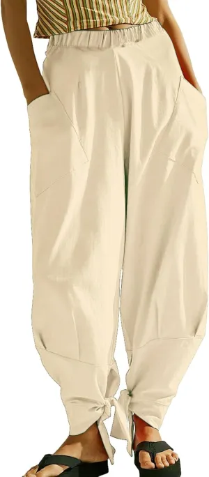 CHARTOU Women Tapered Wide Leg Lounge Pants Summer Harem Pants Elastic Waist Slacks Beach Baggy Pants Pockets