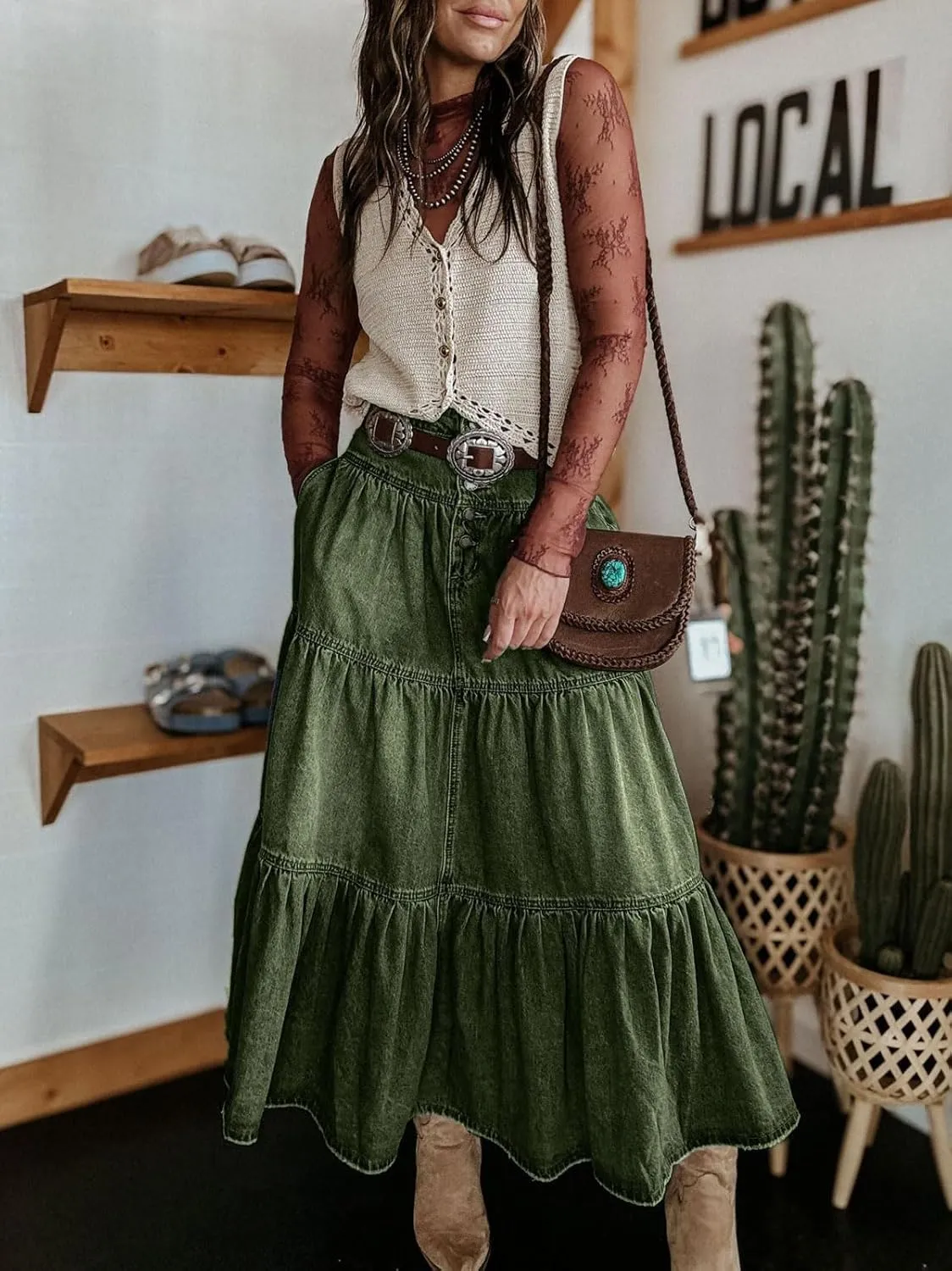 CHARTOU Women's High Waist Tiered Denim Maxi Skirt Ruffle Buttons Flowy Boho Pleated Long Jean Skirts