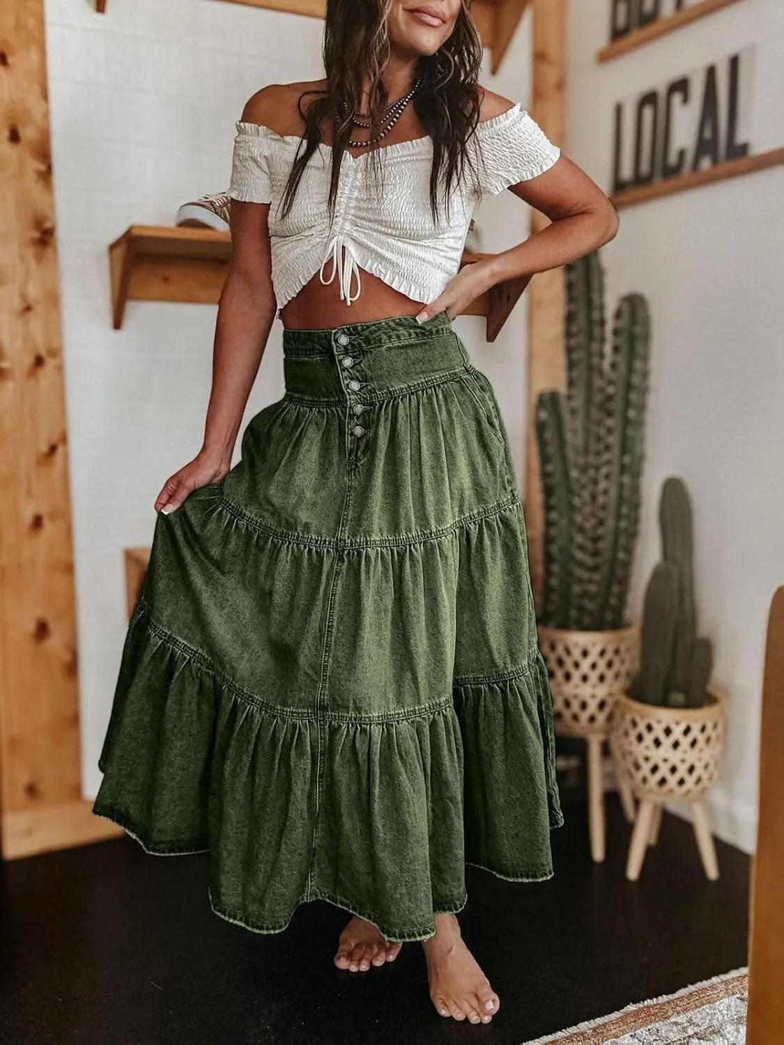 CHARTOU Women's High Waist Tiered Denim Maxi Skirt Ruffle Buttons Flowy Boho Pleated Long Jean Skirts