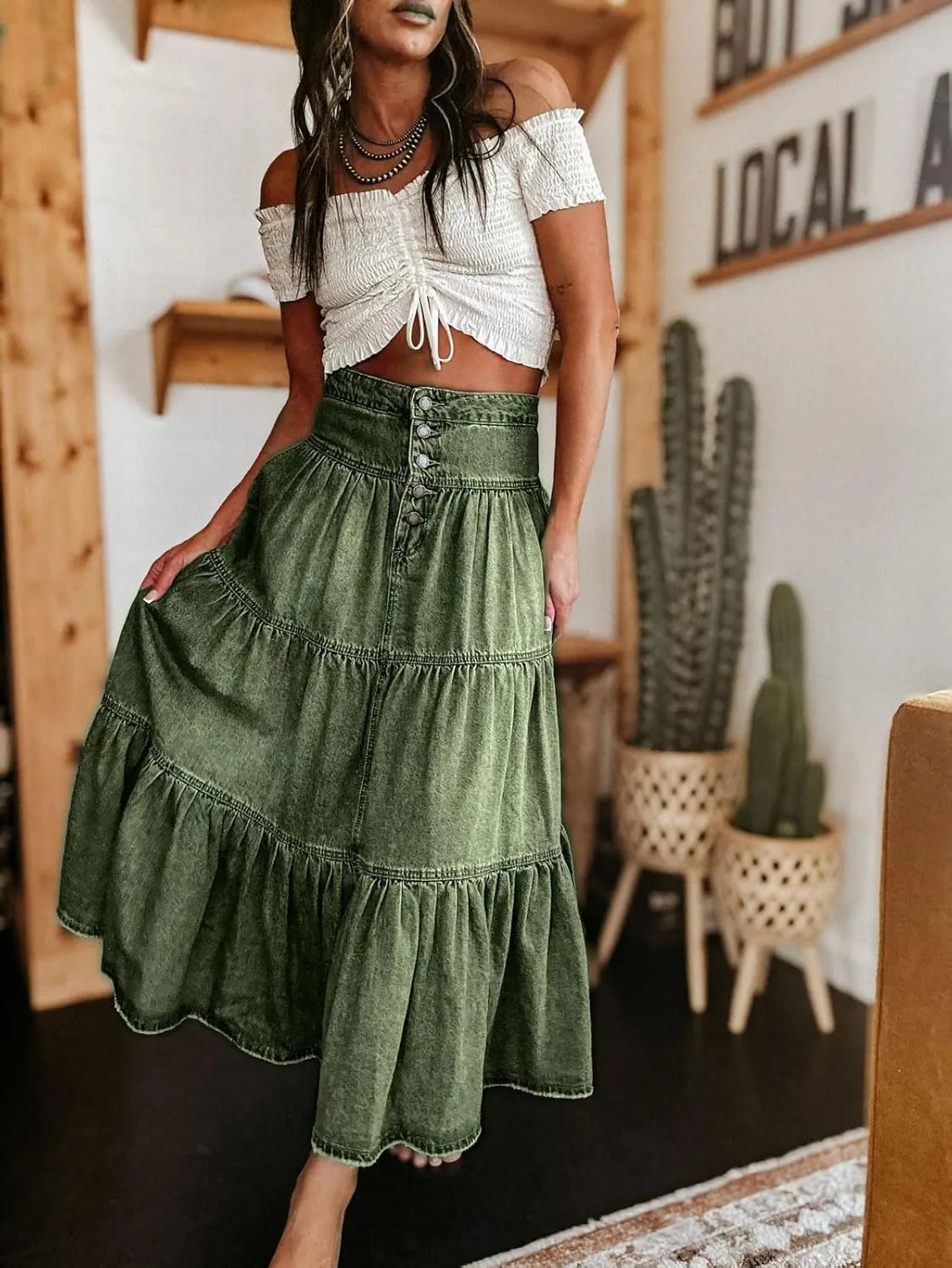 CHARTOU Women's High Waist Tiered Denim Maxi Skirt Ruffle Buttons Flowy Boho Pleated Long Jean Skirts