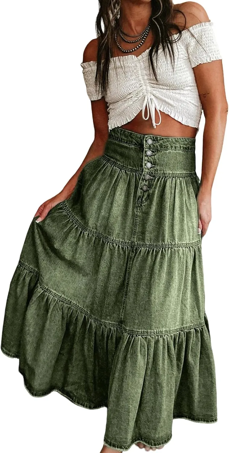 CHARTOU Women's High Waist Tiered Denim Maxi Skirt Ruffle Buttons Flowy Boho Pleated Long Jean Skirts