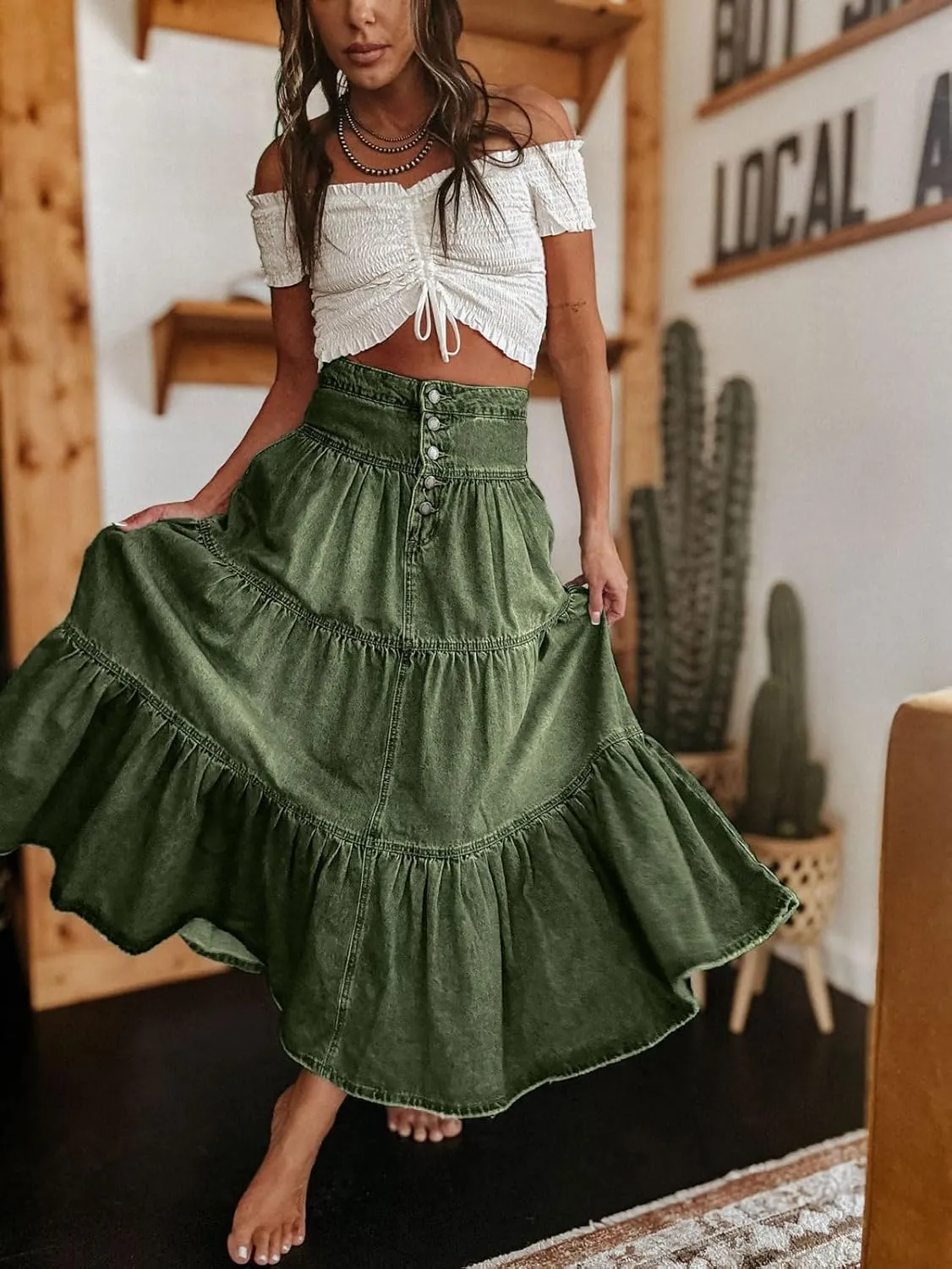 CHARTOU Women's High Waist Tiered Denim Maxi Skirt Ruffle Buttons Flowy Boho Pleated Long Jean Skirts