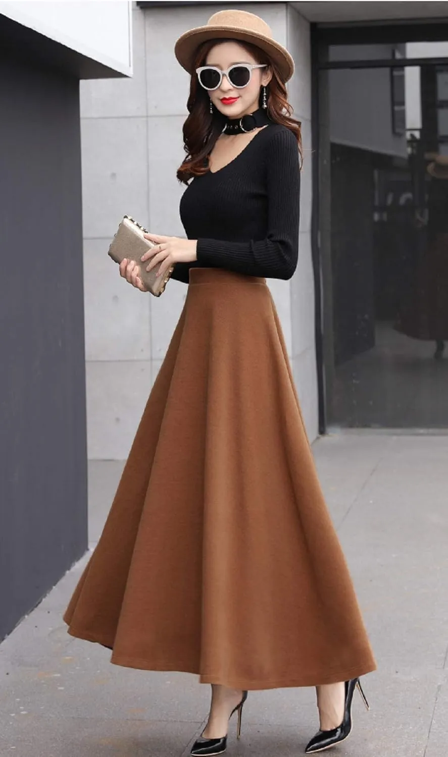 CHARTOU Women's Stretchy High Waist Woolen Flared A Line Swing Maxi Long Skirt