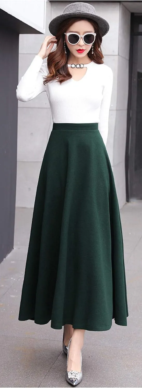 CHARTOU Women's Stretchy High Waist Woolen Flared A Line Swing Maxi Long Skirt