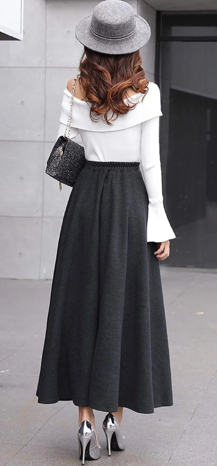 CHARTOU Women's Stretchy High Waist Woolen Flared A Line Swing Maxi Long Skirt