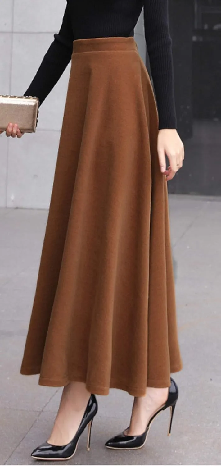 CHARTOU Women's Stretchy High Waist Woolen Flared A Line Swing Maxi Long Skirt