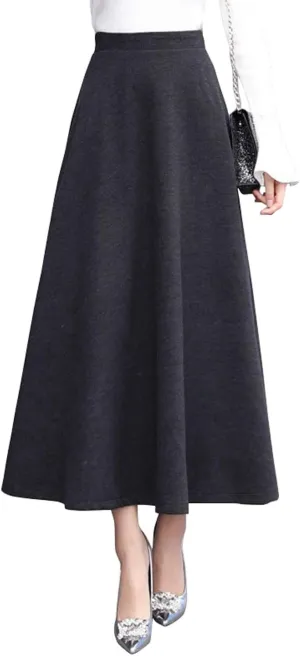 CHARTOU Women's Stretchy High Waist Woolen Flared A Line Swing Maxi Long Skirt