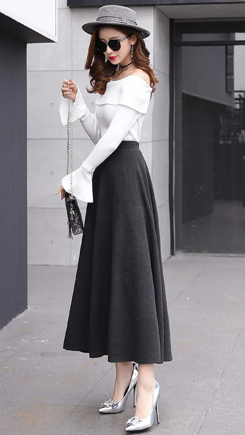 CHARTOU Women's Stretchy High Waist Woolen Flared A Line Swing Maxi Long Skirt